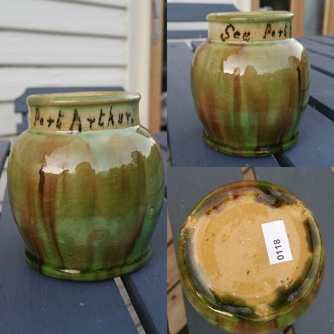 Day 35: Today's piece is a bit of a mystery. Inscribed "See Port Arthur" around the neck this vase is unmarked but undoubtedly Tasmanian in origin. The shape is not one I have seen before and the glaze is odd too. Part John Campbell part McHugh and by the looks of it too early to be Van Diemen. Circa 1930s. #AustralianPottery #AustralianArtPottery #Pottery #Ceramics #instapottery #AustralianDesign #AustralianArt #TasmanianPottery #TasmanianCeramics #TasmanianArt #PortArthur #australianceramics #JohnCampbellPottery #McHughPottery #VanDiemenPottery #365DaysofAustralianPottery