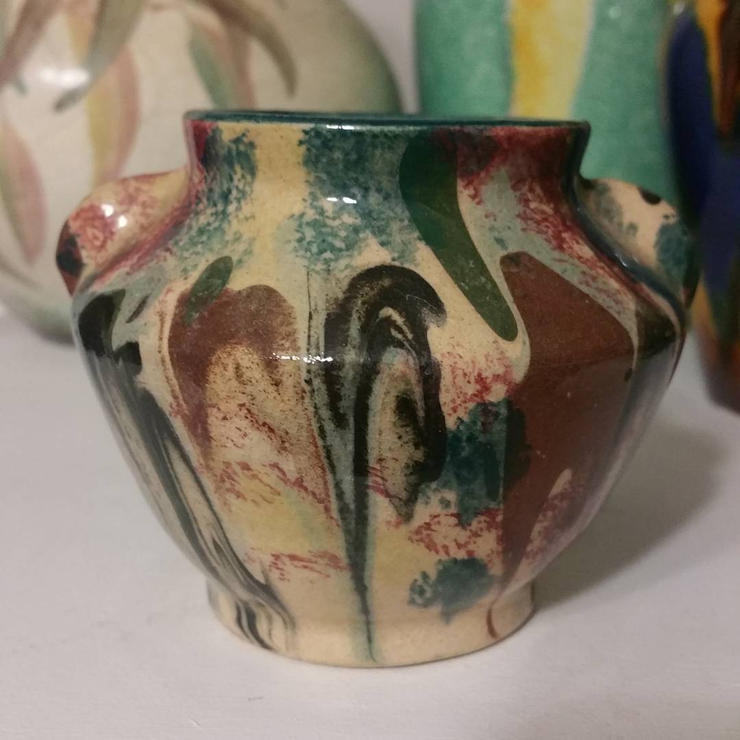 Day 42: Today's piece is another piece by Premier Pottery Preston. This piece features a very trippy multicoloured glaze combination and a little pair of ears just to finish it off nicely. Unmarked but undoubtedly PPP, circa 1930. #AustralianPottery #AustralianArtPottery #Pottery #instapottery #Ceramics #AustralianDesign #australianceramics #PPP #PremierPottteryPreston #Remued #365DaysofAustralianPottery