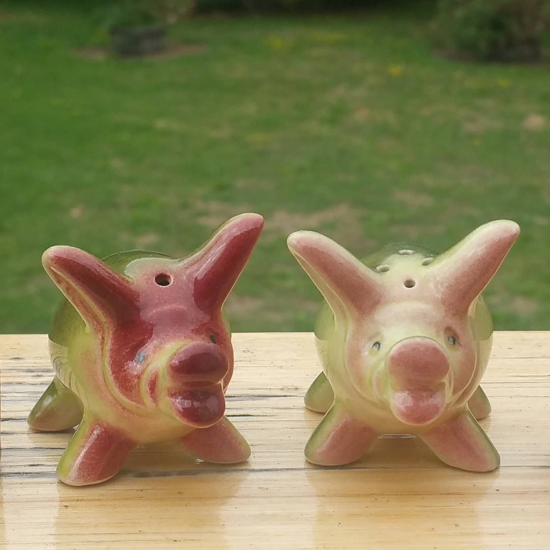Day 57: Today's piece is a pair of Pig salt and pepper shakers by the Darbyshire Pottery at Innaloo just outside Perth Western Australia. Unmarked, except for the distinctive diamond arrangement of the holes on the pepper shaker. #AustralianPottery #AustralianArtPottery #Pottery #Ceramics #instapottery #AustralianDesign #australianceramics #DarbyshirePottery #JeanDarbyshire #WACeramics #Darbyshire #365DaysofAustralianPottery